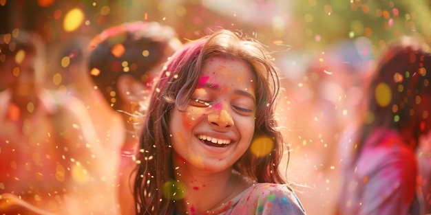 Photo indian girl having fun at holi hindu festival of colours and spring