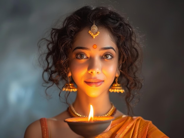 indian girl holding diwali candle themed background bright tonality in the style of fashion photo