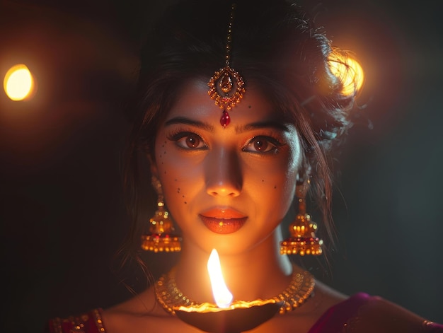 indian girl holding diwali candle themed background bright tonality in the style of fashion photo