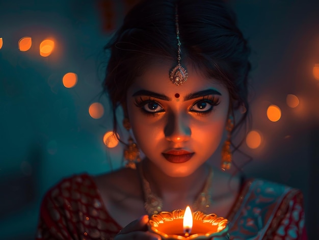 indian girl holding diwali candle themed background bright tonality in the style of fashion photo