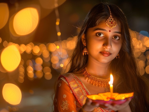 indian girl holding diwali candle themed background bright tonality in the style of fashion photo