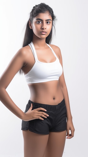 Indian girl posing in gym wear in white studio generative AI