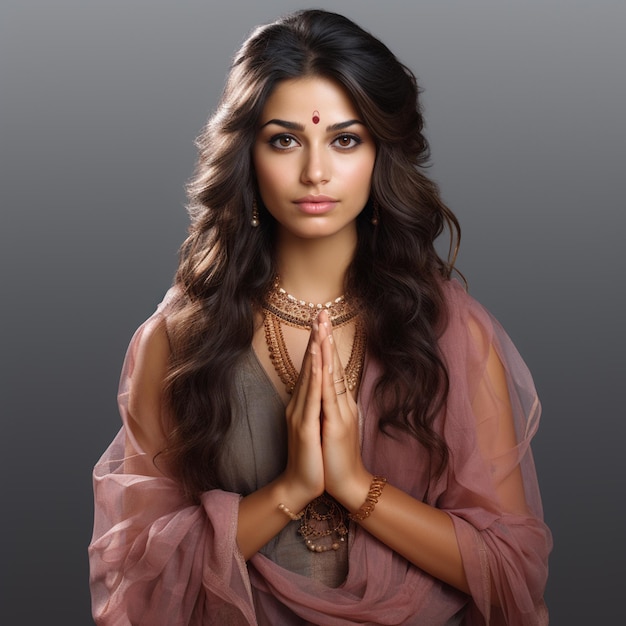 Indian girl in saree wishing namaste transparent background deatiled photo