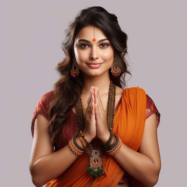 Indian girl in saree wishing namaste transparent background deatiled photo