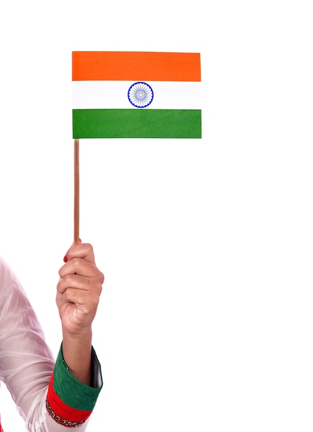 Indian girl standing with Indian flag or tricolor on white background