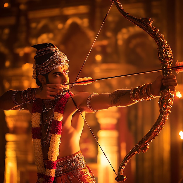 Indian God Holding Bow and Arrow in a Temple