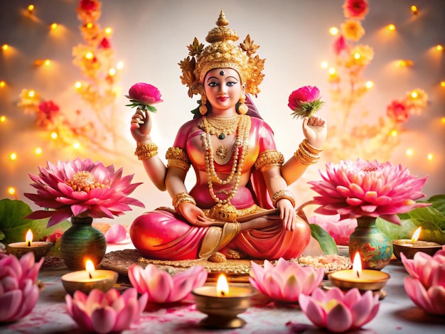 Photo indian goddess lakshmi sitting on elephant on a beige background