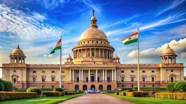 Photo indian government building with flags during a clear day generative ai