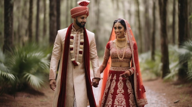 Indian groom dressed in white Sherwani and red hat with stunning bride in red lehenga stand and hold each hands walking outside