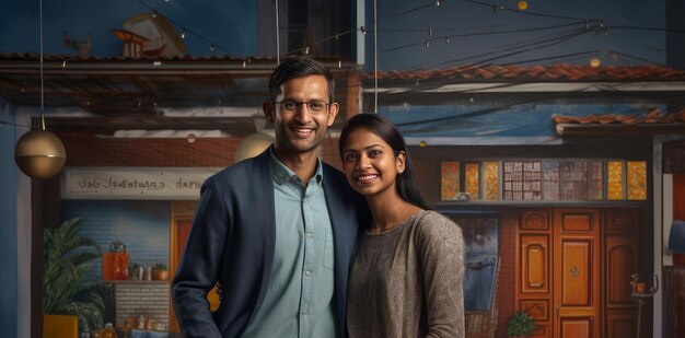 Indian happy couple standing together on house painting background generative AI