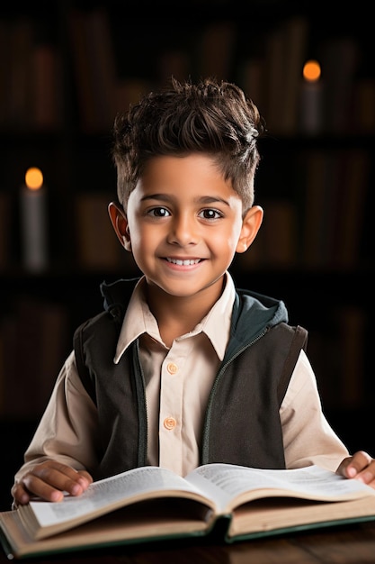 Indian happy and cute kid or little boy reading book looking at camera