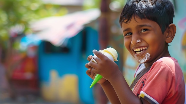 Indian happy kid eating ice cream