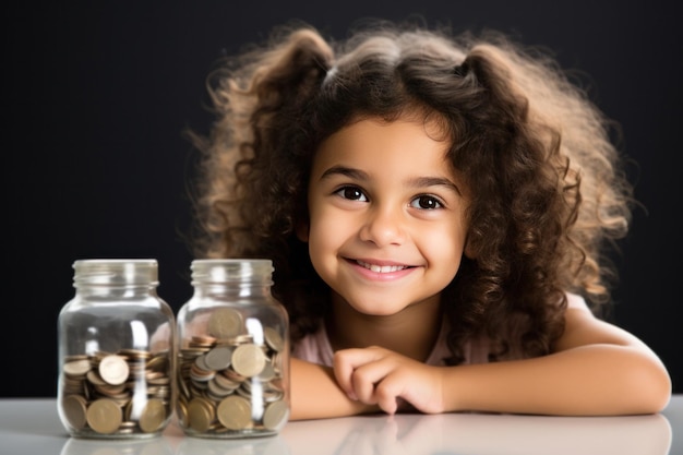 Indian happy little girl holding a glass jar filled with currency coins