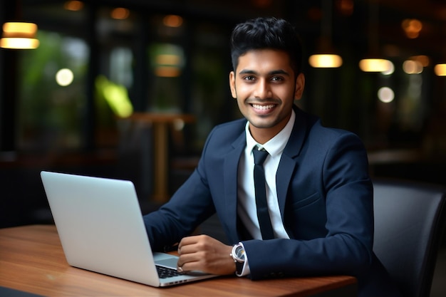 Indian happy person cheerful business sitting laptop men office males worker portrait smile businessman technology expertise