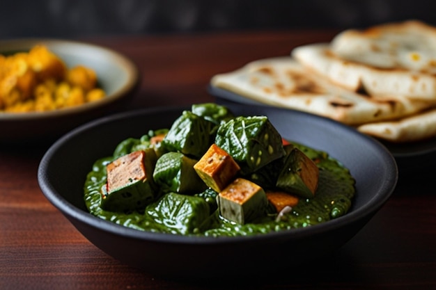 Indian healthy cuisine palak paneer served with tandoori roti