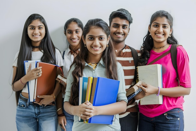 indian high school students with notebooks and backpack smiling at the camera