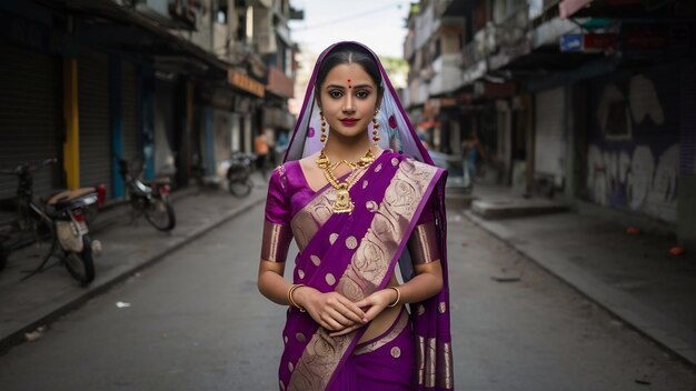 Indian hindu girl at traditional violet saree posed at street