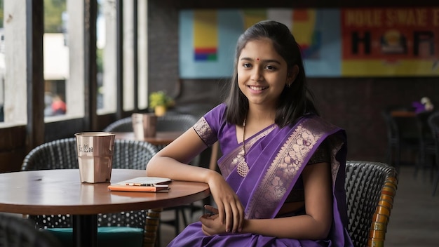 Indian hindu girl at traditional violet saree sitting at cafe table