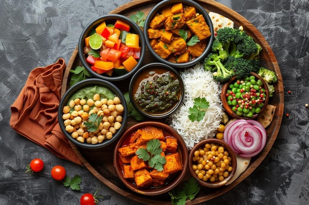 Indian or hindu veg thali also known as food platter is a complete lunch or dinner meal closeup s