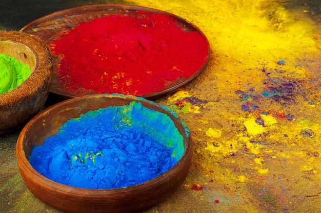 Indian Holi festival colours in small  bowls