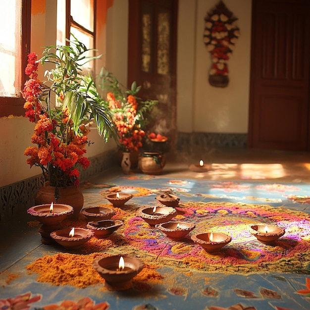 Photo an indian house decorated with clay lamps and colorful powder patterns for diwali