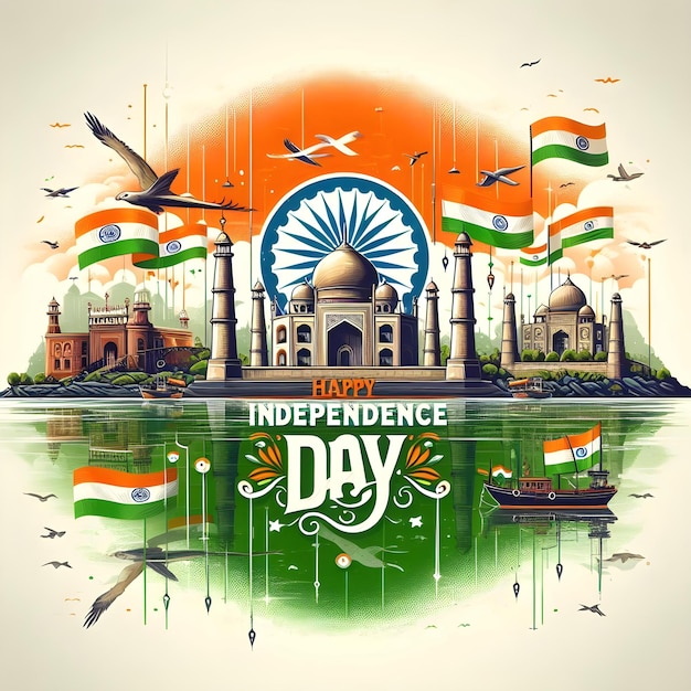 Indian Independence Day Background with Flag Fireworks and Happy Independence Day Text