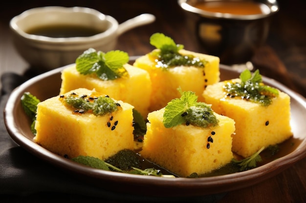 Indian Khaman Dhokla served in a plate with chutney