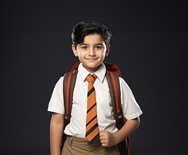 Indian little happy school boy with backpack looking at camera white standing isolated