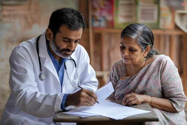 Indian Male Doctor Consulting Elderly Patient During Medical Appointment in Clinic