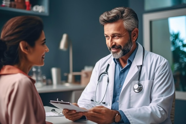 An Indian male doctor is consulting a patient filling out a consultation form A professional doctor wearing a white coat talking to an adult woman doctor when making an appointment at the clinic