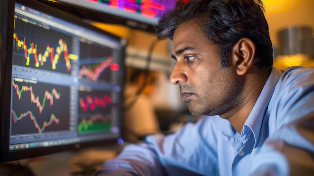 Indian man analyzing stock graphs on computer