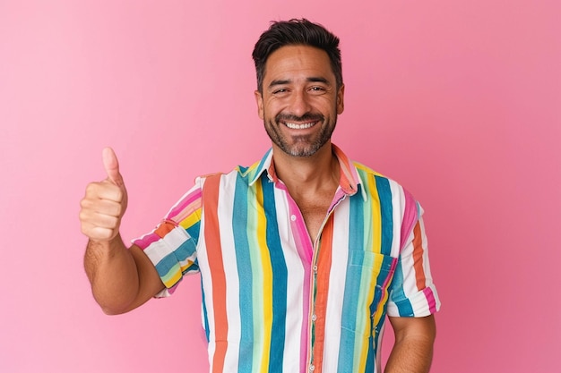 Photo a indian man wearing a striped shirt showing thumbs up on pink background