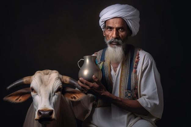 Indian Man with Long Beard and Turban sitting next to a Bull