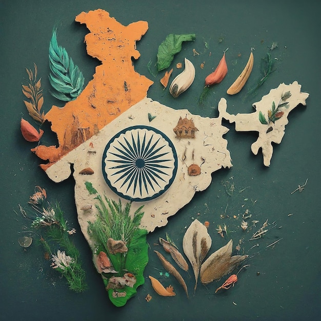 indian map made of different color of indian objects on wooden table