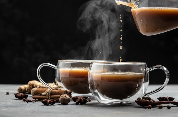 Indian masala chai tea Hot masala chai spiced tea with milk and spices is poured into a glass glass on dark background Long banner format place for text