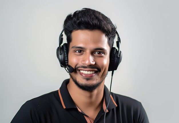 Indian men operator woman agent with headsets working in a call center