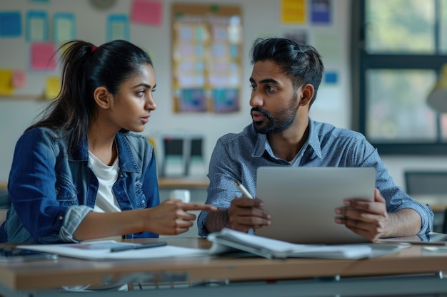 Indian mentor teaches female colleague new skills diverse coworkers cooperate