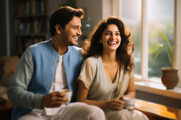 Indian modern young couple having coffee at home