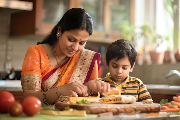 Indian Mom and Son Making Sandwich Together