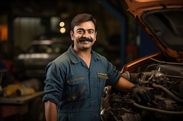 Indian motor mechanic in workshop looking at camera with smile