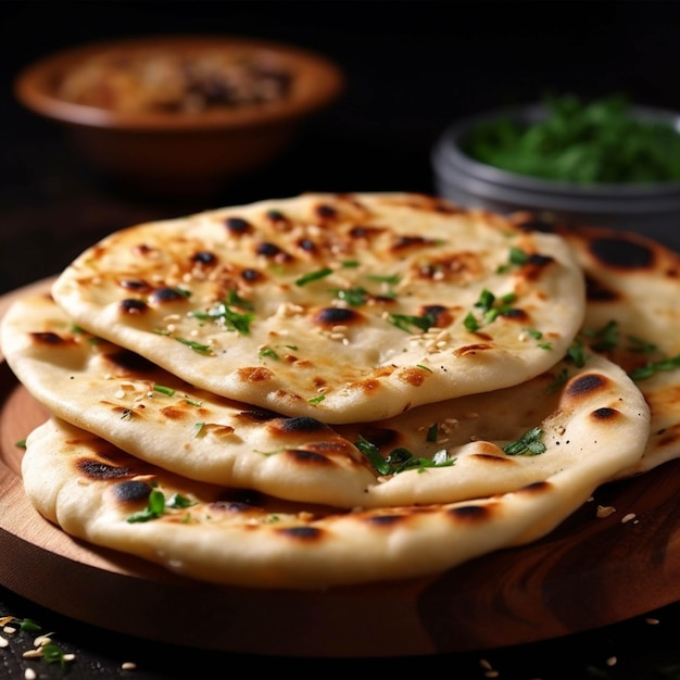 Indian naan bread with parsley on wooden plate over black background