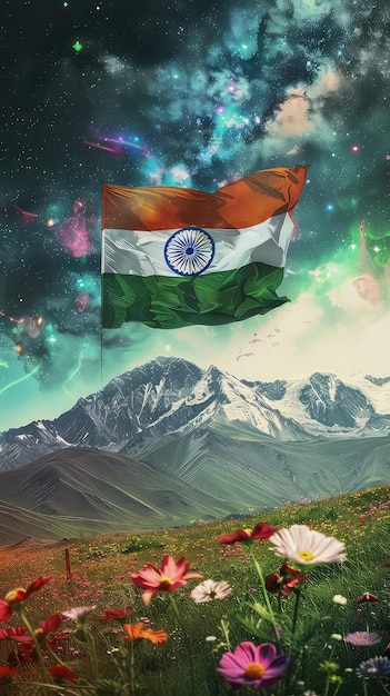 Indian Nation Flag flying on Flower Meadows Field Against a Dramatic Dark Sky with Billowing Clouds Indian Republic Day Indian Independence Day