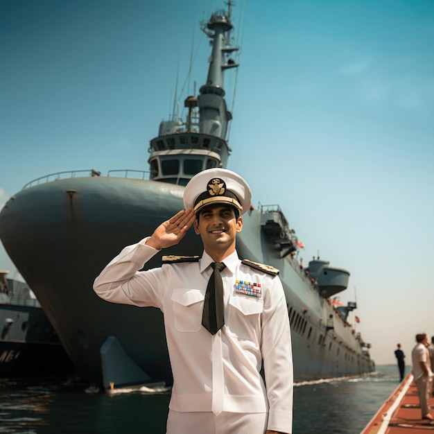 Photo indian navy officer in white uniform standing beside warship and do salute