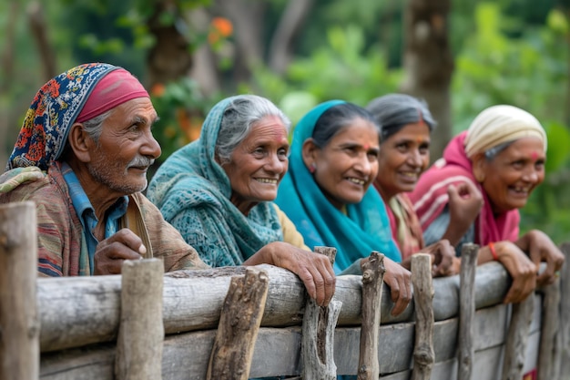 Indian neighbors sharing smiles over fence