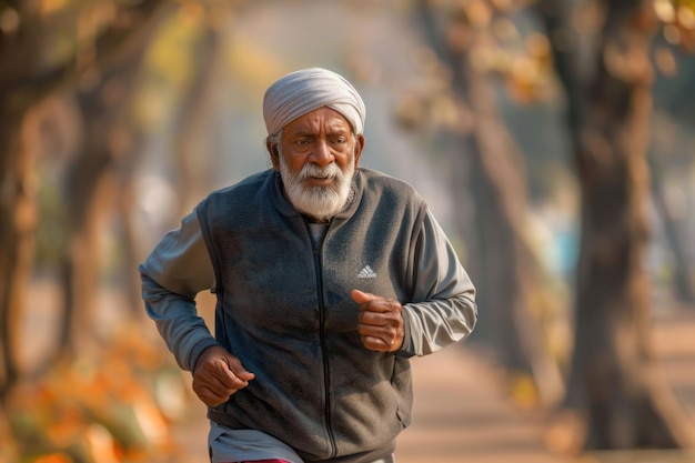 Indian old man running or jogging at park