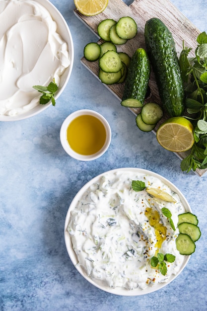 Indian or Pakistani raita sauce with cucumber yoghurt garlic and mint