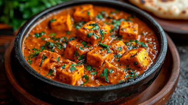 Indian Paneer Butter Masala with garlic naan in a dhaba