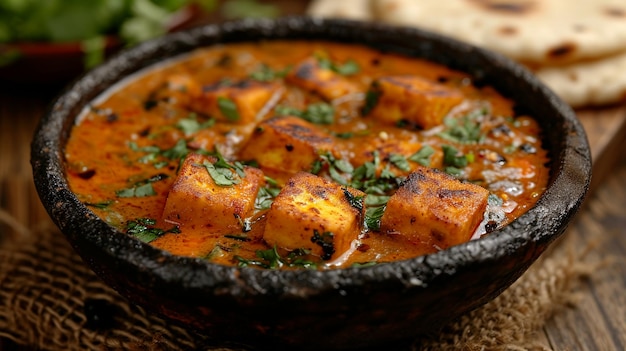 Indian Paneer Butter Masala with garlic naan in a dhaba