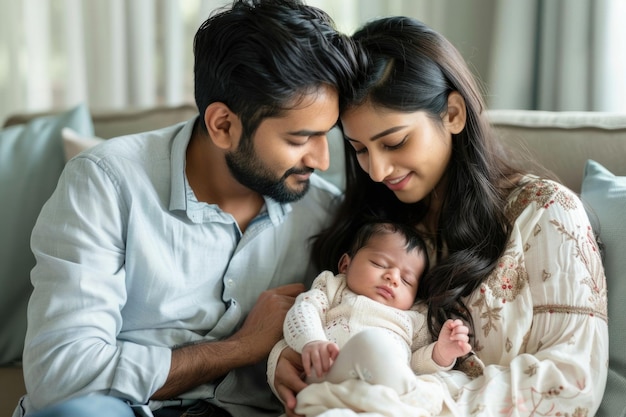 Indian parents with newborn baby young Asian couple