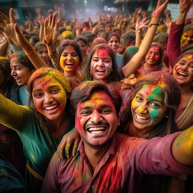 Indian people celebrating Holi festival with colourful powder in India